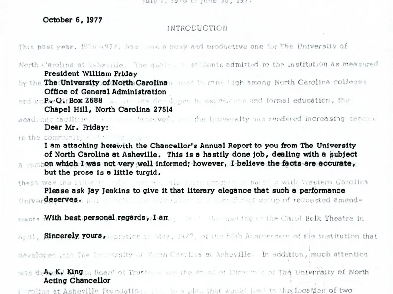 1976-1977 Acting Chancellor King Report To UNC President